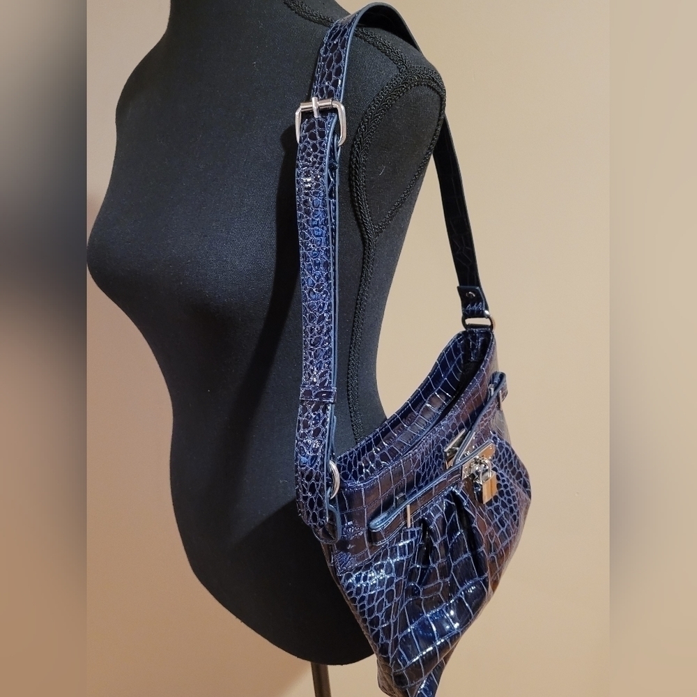 JESSICA Faux Patent Leather Bag, Dark Blue Croc Pattern, Adjustable Strap - Picture 6 of 16